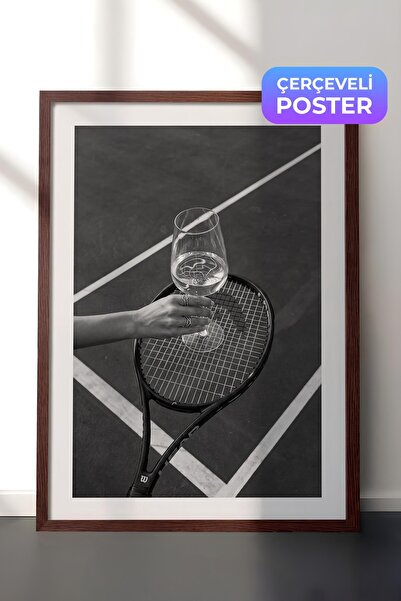 Postifull Tennis Racket and Wine Glass Poster, Brown Framed Poster, Old Money...