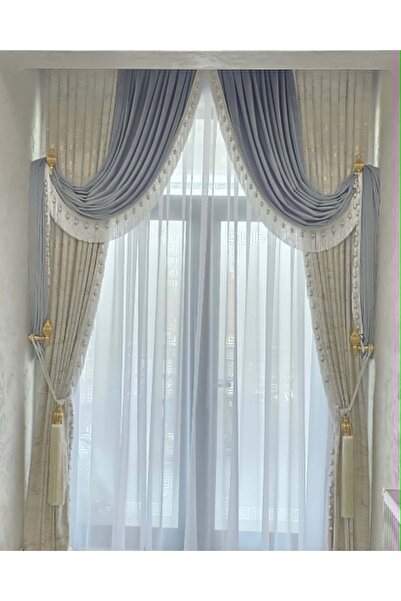 LOUIS DESIGN YSK Set Draperie Catifea Bej Deschis cu Insertii Aurii si Gri De...