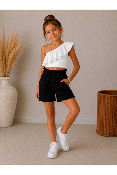 BEBEĞİME ÇORAP Girls' Ruffle Sleeve Blouse and Linen Shorts Top and Bottom Set