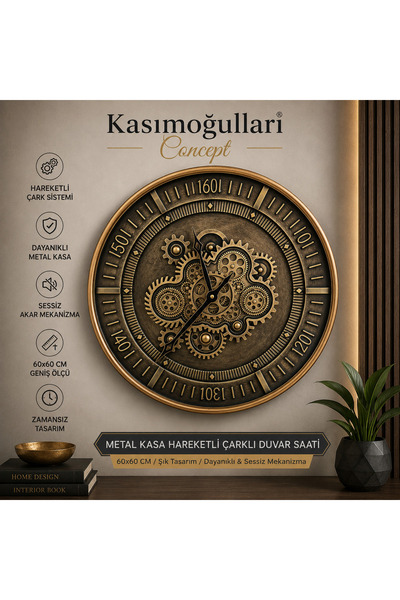 kasımoğulları concept Metal Kasa Hareketli Çarklı Duvar Saati – Dekoratif Vin...