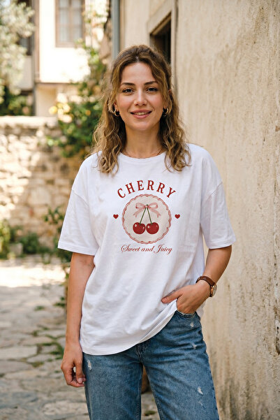 BAGAND Women's Cherry Sweet and Juicy Printed White T-Shirt Cherry Themed Aes...