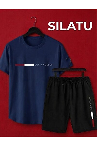 SILATU SET TRICOU ȘI PANTALONI SCURȚI IMPRIMAȚI ALBASTRU ÎNCHIS