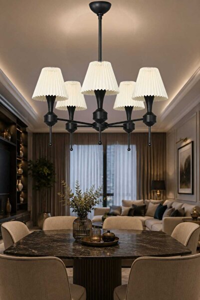 BSA LIGHTING DİLA 5'li SİYAH BOYALI MODERN AVİZE ( PİLİSELİ KONİK KREM ABAJURLU)