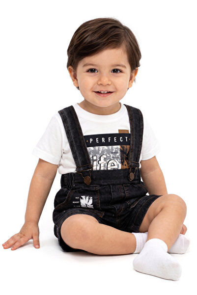 bebegen Baby Boy White Black Percect Text Printed Denim Salopet 2-Piece Set