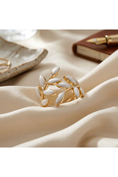toptanhanem Minimalist Leaf Design Adjustable Ring |   Gold Plated, White Color