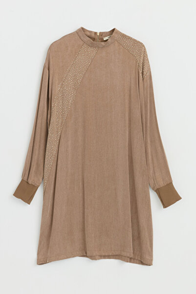 Nihan Premium Stone Detailed Cupra Tunic - Light Brown