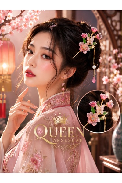 QUEEN AKSESUAR Chinese Hairpin 18 cm Pink Flowered Butterfly with Stones and ...