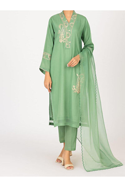6TEEN 3 Pc Olive Oranza Embroidered Suit