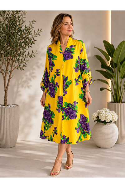 MENSAR OTANTİK Pleated front viscose dress with rose detailing. standard size...