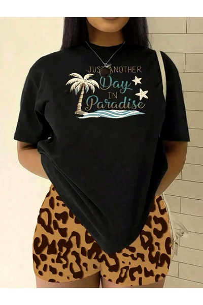 2mcup قميص كاجوال بتصميم شجرة النخيل وعبارة "Just Another Day Paradise"، قميص...