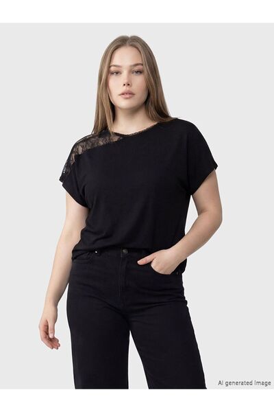 LC Waikiki Soulife Black Crew Neck Lace Detailed Blouse