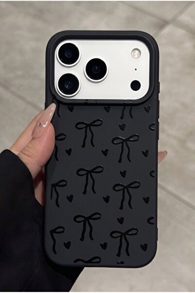 KVK PRİVACY iPhone 17 Pro Uyumlu Siyah Fiyonk Desenli Kadifemsi Soft Touch Si...