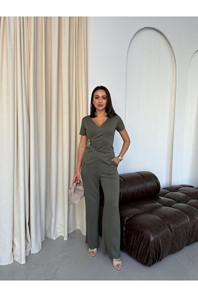 Elaxi Women's Buckled Double-Breasted Top and Striped Modal Pants Set