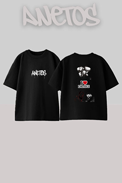 Anetos Μαύρο μπλουζάκι ράπερ Drake_2 με στάμπα σχεδίου, unisex, oversized