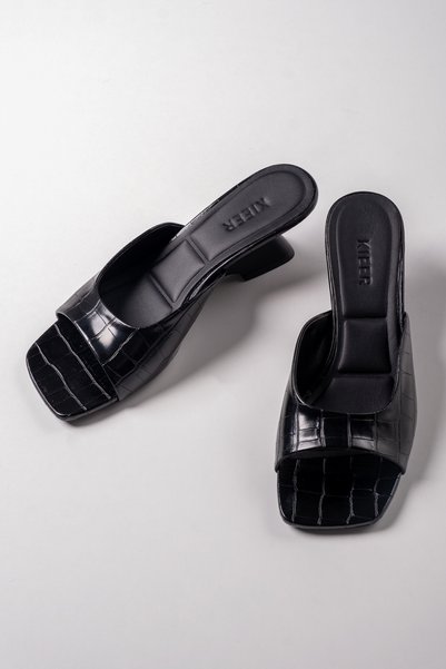 KIEER Lyra - Black Croco Open Toe Heeled Slippers