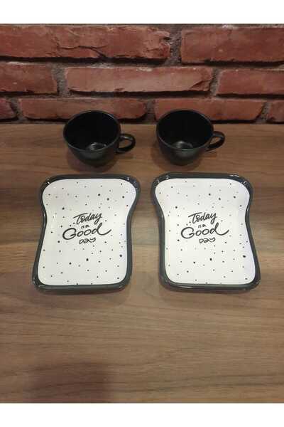 Keramika Breakfast Set for 2 People 4 Pieces Toast Plate and Teacup Black