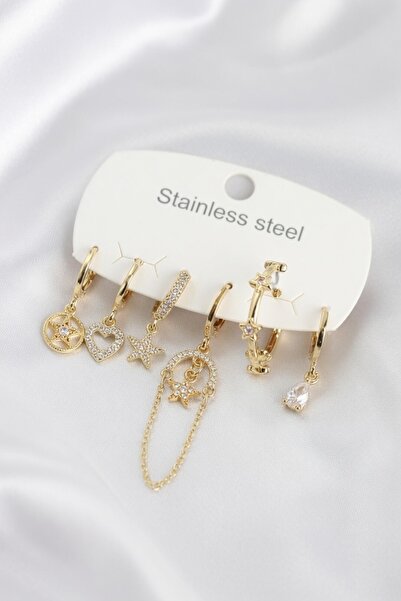 Jadem Gold 316L Stainless Steel Zircon Stone Chain Detailed Women's Earring Set