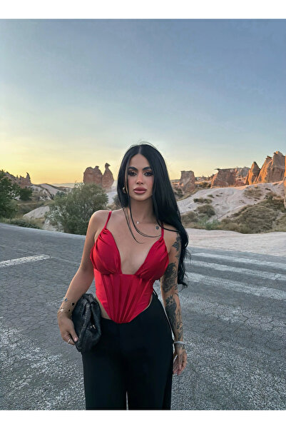 kırmızı butiks Red Satin Underwire Corset