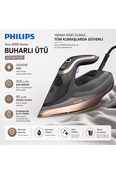 Philips DST8070/80 Azur 8000 Serisi Buharlı Ütü Otomatik Kapama Kireç Önleme
