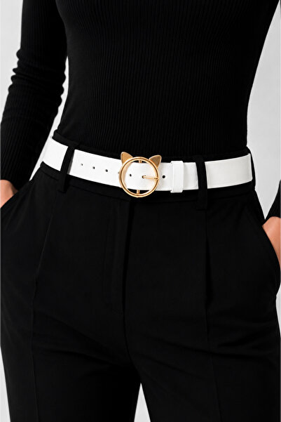 kemer krallığı Women's White Cat Buckle Belt – Stylish Design with Gold Buckle