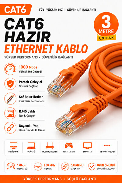 thekam Easyway CAT6 Hazır Ethernet Kablosu 3 Metre RJ45 İnternet Ağ Kablosu 1...