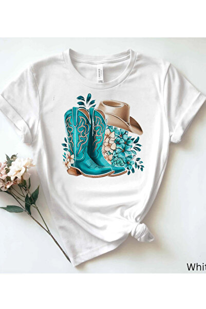 12 Teknoloji Women'S Pure White T-Shirt: Western Boots And Hats, Floral Theme