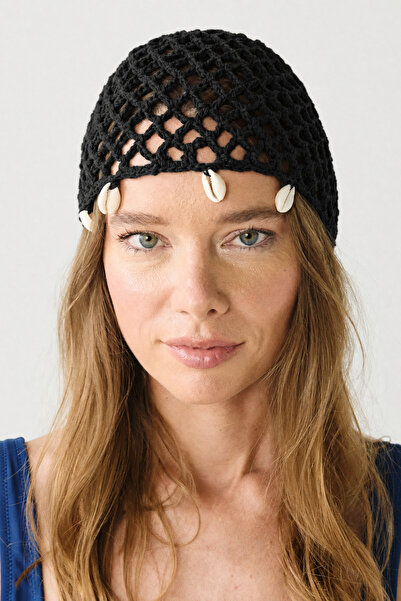 C&City Sea Shell Detailed Mesh Summer Knitted Beanie Y8244 Black
