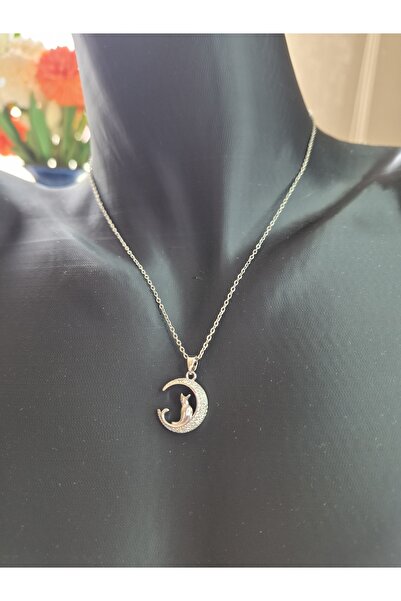 Silver Zirkon Taşlı Ayda Oturan Kedi Tasarım Çelik Kolye