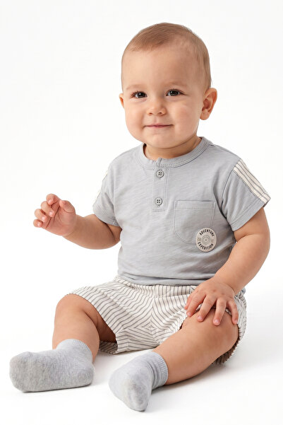 bebegen Baby Boy Gray Striped Adventure Embroidered Shorts Set of 2