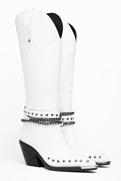 DENORA White Matte Leather Metal Toe Cap Below the Knee Staple Belt Detail We...