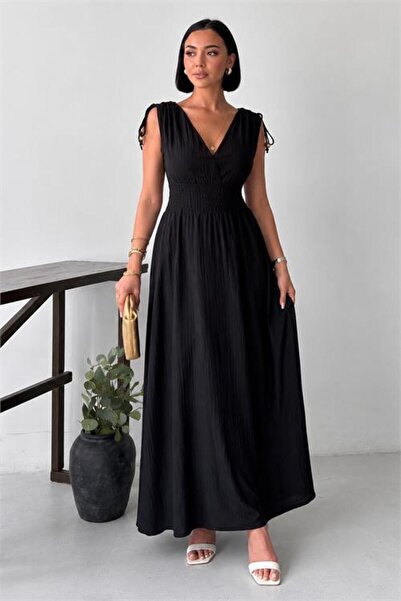 Neşeli Butik rochie neagră de damă, cu talie elastică, guler dublu, detaliu c...