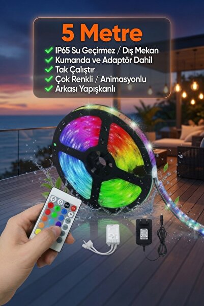 AC AYDINLATMA 5 Metre RGB LED Şerit Işık IP65 Dış Mekan Su Geçirmez Kumandalı...