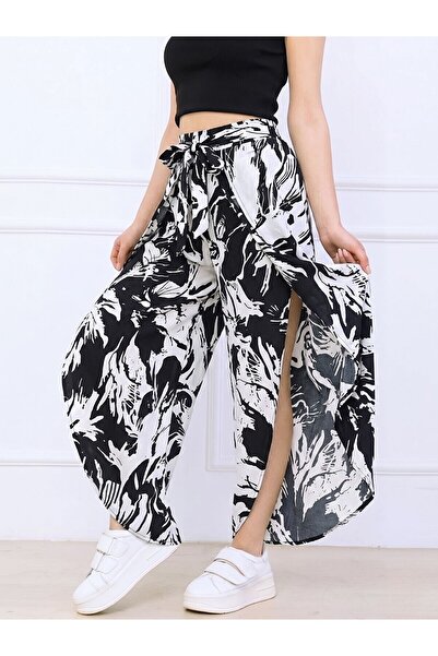 Flubutik Women's Black Motif Waist-Tied Envelope-Covered Woven Trousers