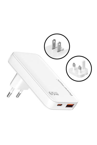 POWERTECH φορτιστής τοίχου PT-1532, EU/UK/CN βύσμα, USB/USB-C, 65W, GaN, λευκός