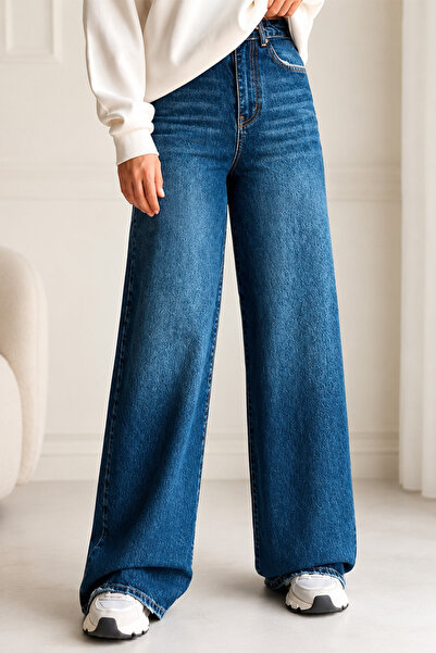 GRİİ WEAR Navy Blue Wide Leg Jean Trousers