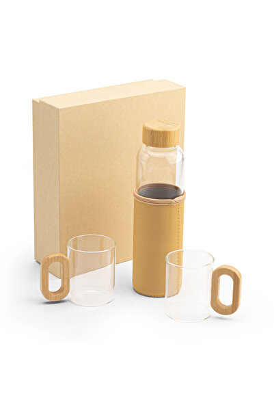 KALE PROMOSYON 550 ml Glass Flask Set with Bamboo Lid (Glass Flask + 2 Cups)