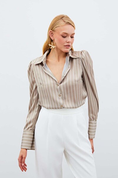 DipOL Butik Women's Beige Padded Striped Shirt - Modern and Stylish Office Ou...