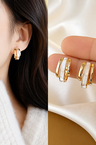 TREND COLLECTİON أقراط دائرية بتفاصيل ذهبية بيضاء أنيقة للنساء
