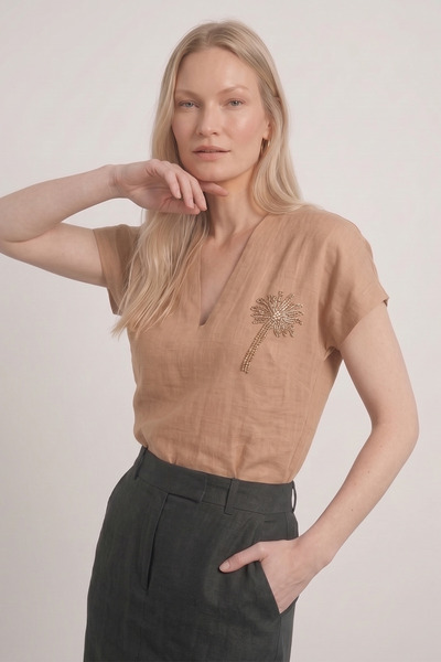 Purpleclo Smart Casual Linen Blend V-Neck Women's Blouse