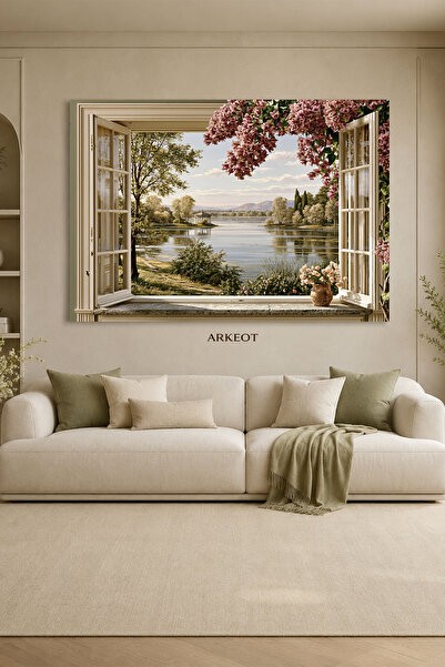 Floral Lakefront View Canvas Wall Painting - Decorative Living Room Painting
