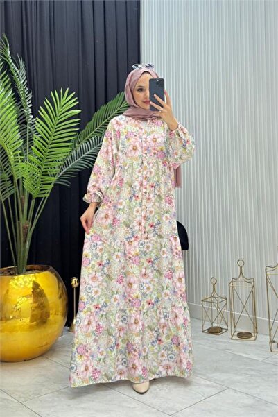 Neşeli Butik kadın mor boydan düğmeli çiçek desenli yazlık tesettür elbise NM...