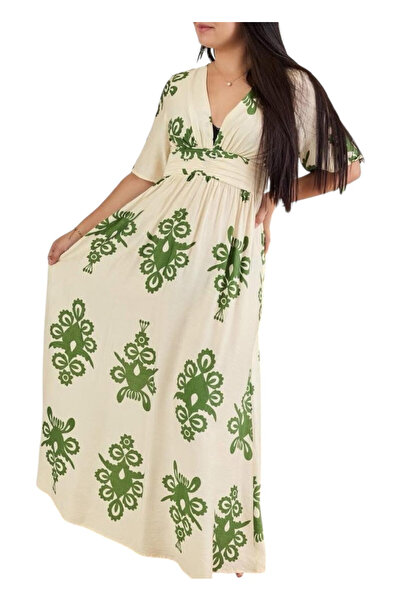 OEM Rochie eleganta, lunga, model de vara, crem cu verde, XL