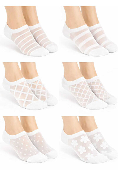 peru moda 6 Çift Kadın Beyaz Desenli Tül Patik Çorap Trend