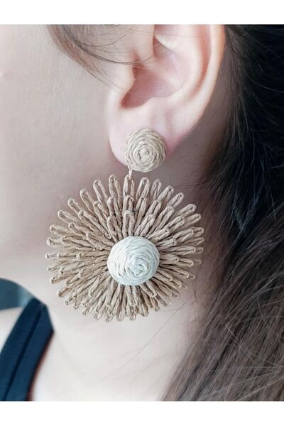 RP COMPANY Brown, Hanging Chrysanthemum Wicker Earrings