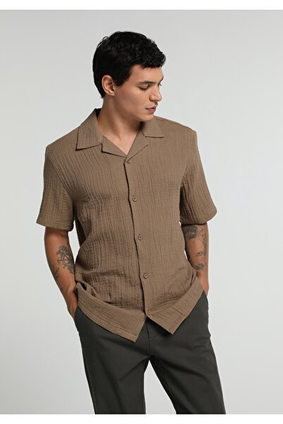 Colin's Relaxed Fit Stand Collar Plain Men's Brown Short Sleeve Shirt