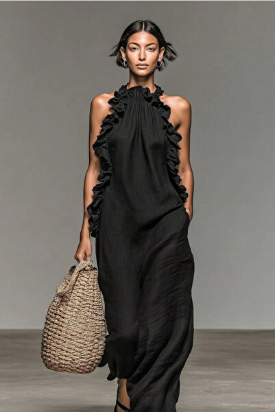missamour Women's Black Halter Neck Ruffled Linen Textured Maxi Dress