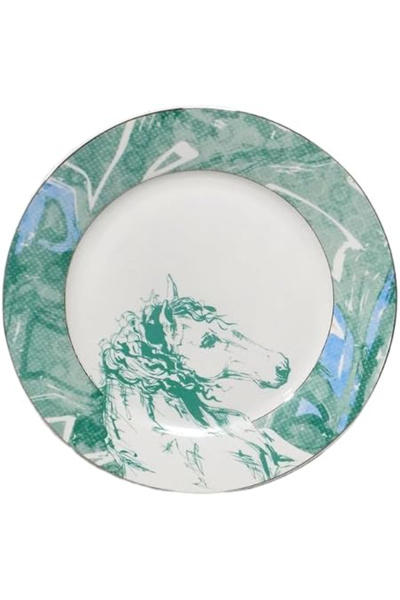 B&D Decorative Ceramic Dinner Plate, 10.5 inch, Green and White Horse Design