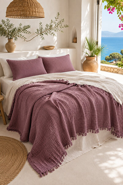 HB&Victory 100% Cotton 4 Layer Muslin Bedspread in Plum Color, Double Size 24...