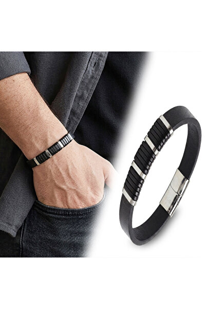 FM 💎   Premium Shiny Black Leather Wrapped and Titanium Lock Men's Bracelet ...
