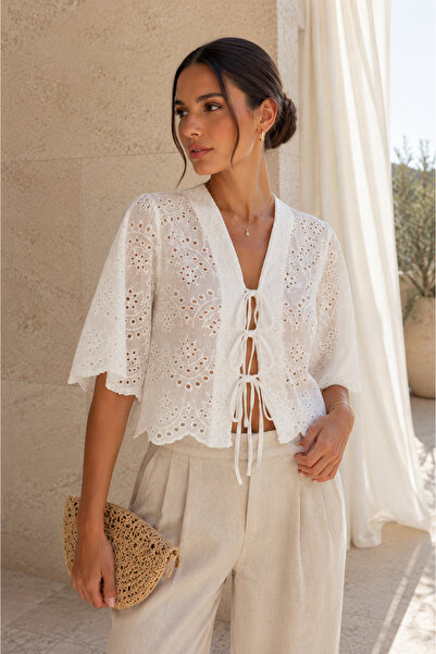 Polo State Women's White Brode Guipure Tie-Up Crop Blouse